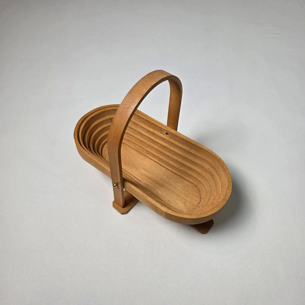 Vintage Oakwood Collapsible Oval Basket Handle Country Farmhouse 12 1/2 by 7 in